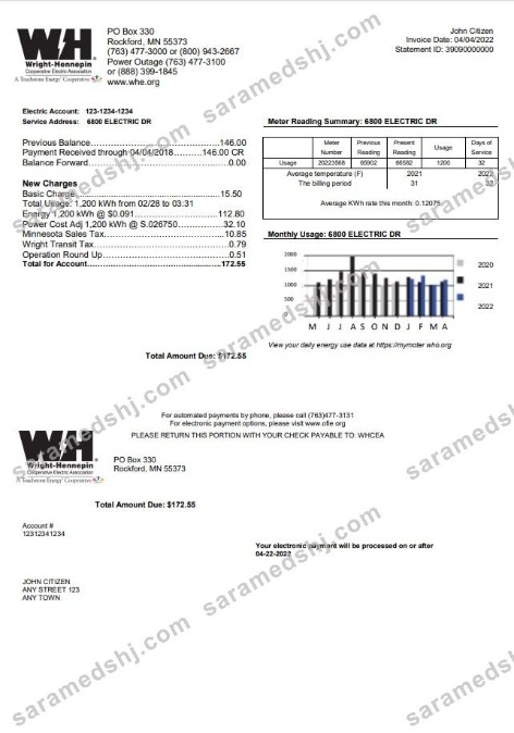 USA Minnesota Wright-Hennepin utility bill template in Word and PDF format